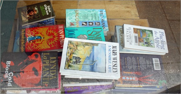 Books piling up for sale at the new bookshop Pulp Fiction, Bread Street